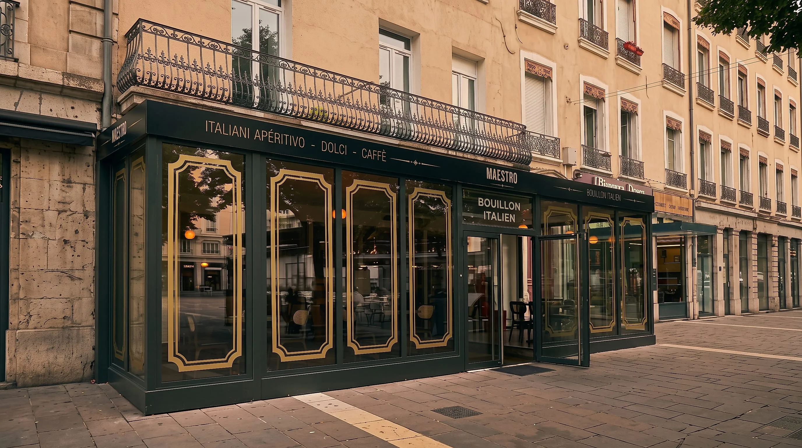 Façade de Maestro, bouillon italien, place Grenette à Grenoble : devanture vert foncé, filets dorés et enseigne « Italiani apéritivo · dolci · caffè »